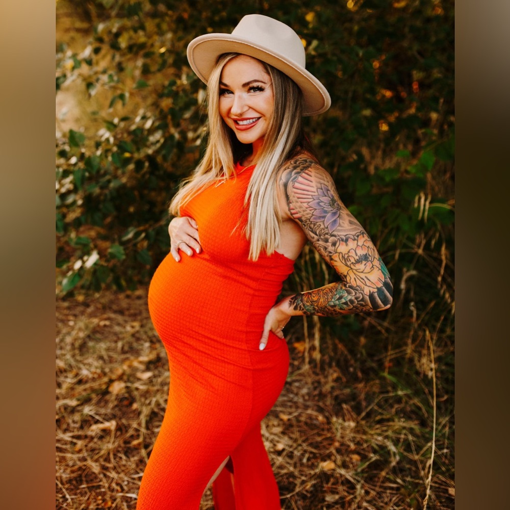 Burnt orange colored Halter slit fitted maxi dress